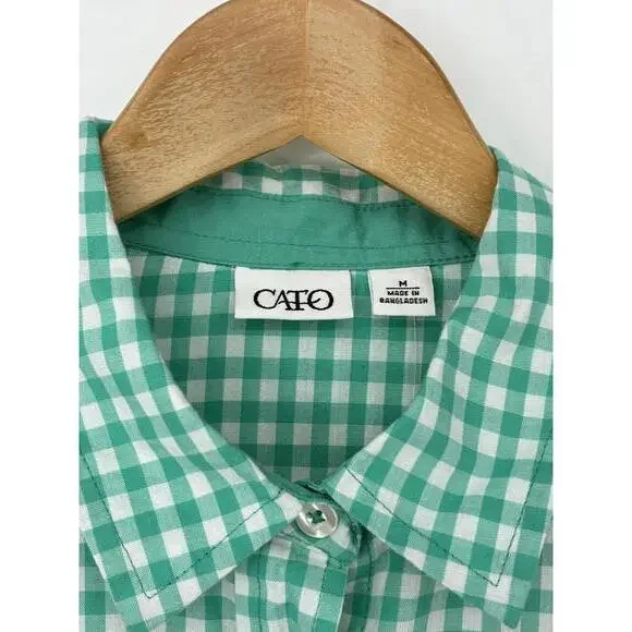 Cato Women's Teal Green and White Gingham Button-Up Shirt Medium - Picture 3 of 8
